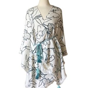 Women’s White Floral Wrap with Teal Tassel Belt